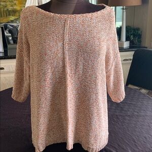 Coldwater Creek cotton knit sweater in pretty coral green, and cream knit